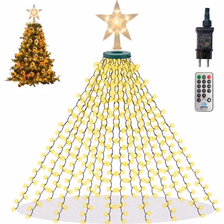 Catena luminosa a LED a forma di albero di Natale, 480 luci, 16 x 2 metri, con dimmer, 8 modalità, timer