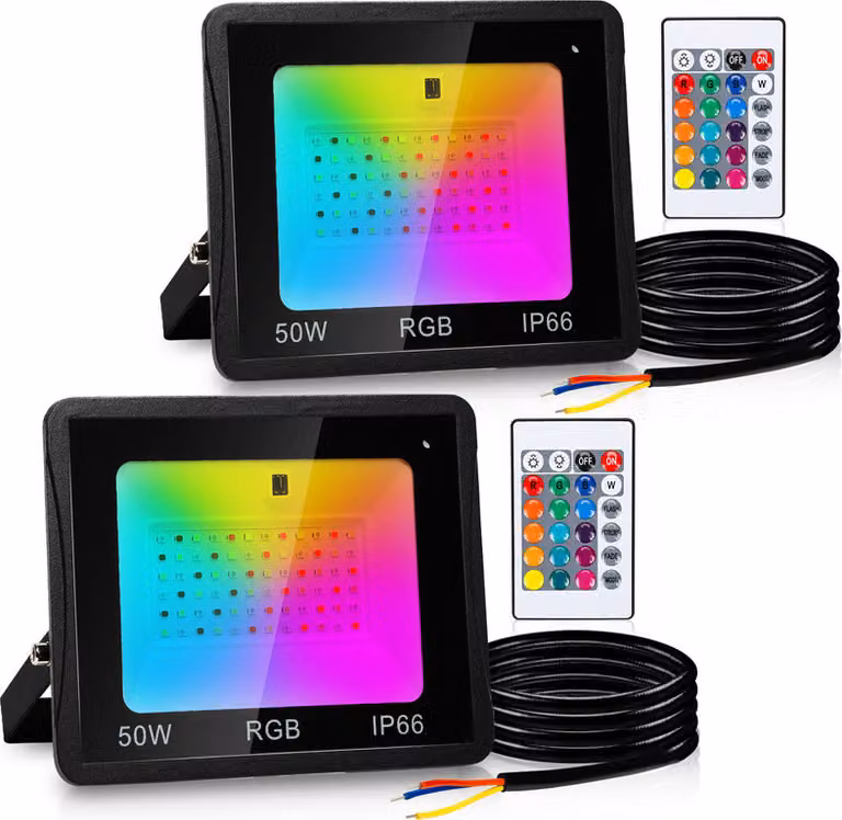 Jopassy 50W RGB proiettore con telecomando Faretto LED RGB Faretto LED RGB per esterni IP66 Impermeabile 2 pezzi
