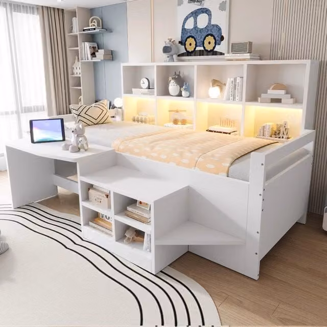 Letto singlo con scrivania e LED ¨C Minimal ¨C Bianco, legno massello di pino, 90x200 cm