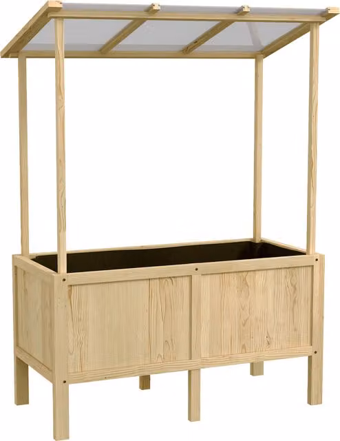 Letto rialzato con tetto Outsunny in legno di abete e policarbonato, beige e marrone, L: 110 cm, P: 60 cm, H: 152 cm – 1