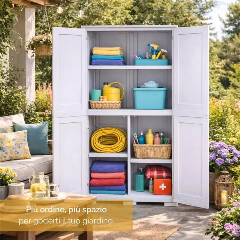 Armadio contenitore multiuso Tontarelli in plastica bianca con 2 ante e ripiani interni L/P/H: 79 x 43 x 164 cm – 2
