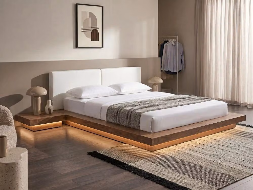 Letto Beliani in stile giapponese con illuminazione LED, finitura frassino marrone e testata in pelliccia sintetica, L/P/H: 180 x 200 x 328 cm – 2