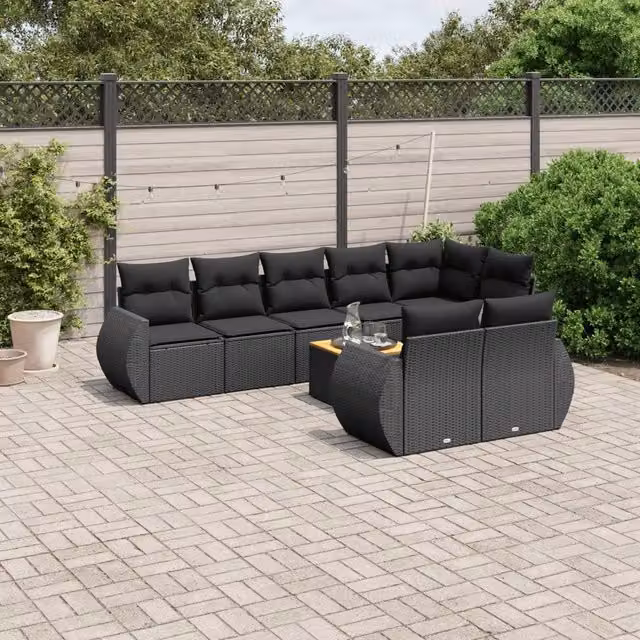 Set Divani da Giardino 9 pz con Cuscini Nero in Polyrattan 3225089