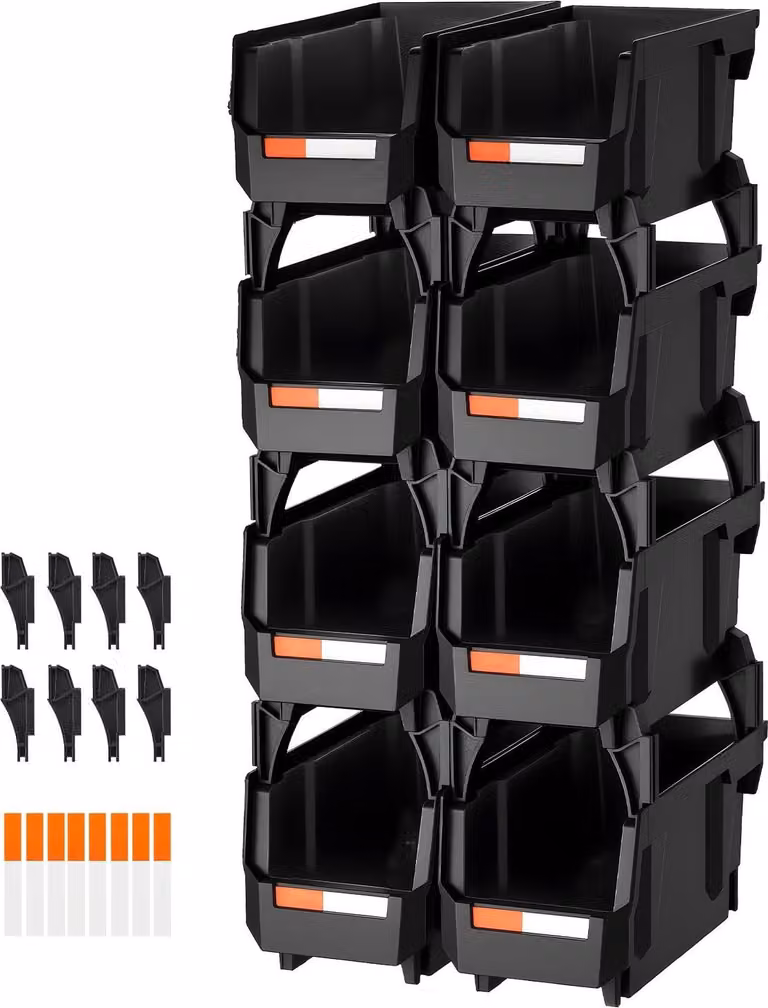 Contenitori a vista Contenitori impilabili - Set di 8 contenitori - Dimensioni per contenitore 27,6 x 14 x 13 cm - Impilabili - Frontale aperto - Per piccoli oggetti e forniture per ufficio - Nero