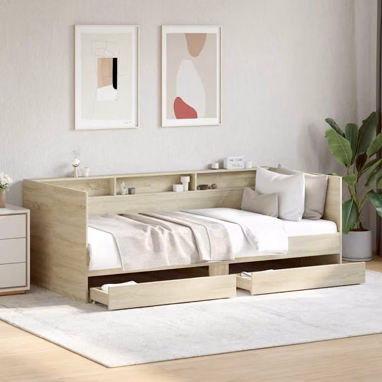 vidaXL Divano Letto Moderno con Cassetti in Legno Rovere, Colore Marrone e Beige, L/P/H: 200 x 100 x 73 cm