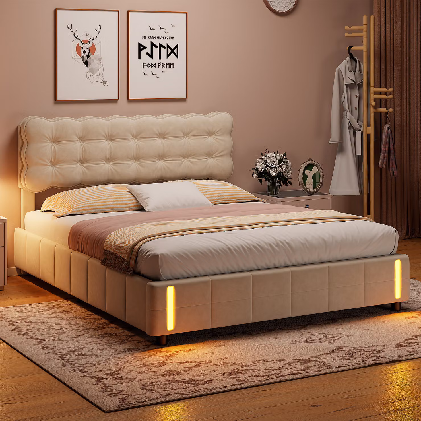 letto contenitore 160 x 200 cm con rivestimento in velluto beige, rete illuminata a LED e rete a doghe