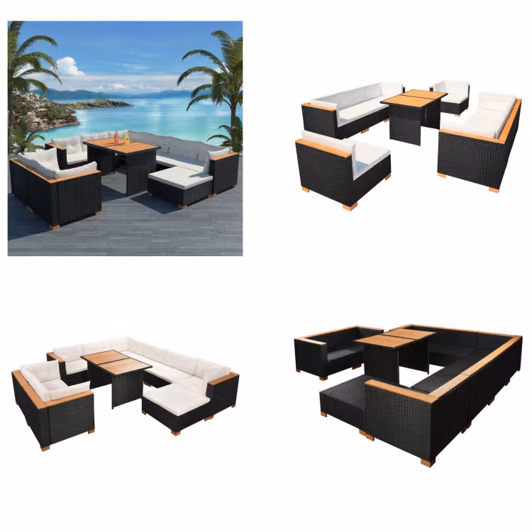 vidaXL 10 pezzi set salotto da giardino con cuscini in poly rattan nero - Set di mobili da giardino - Set di mobili da giardino - Divano da giardino - Divani da giardino
