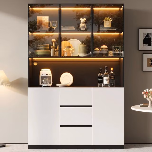 Vetrina in vetro temperato con illuminazione LED, 120x40x200 cm, 2 ante, 3 cassetti, ripiani aperti