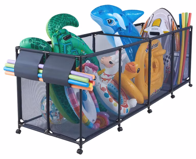 Contenitore portaoggetti per piscina SucceBuy 2620x815x890 mm, organizer con tasche laterali, telaio in metallo, cestello in rete, contenitore portaoggetti, cestello organizzativo, carrello portaoggetti per accessori da piscina