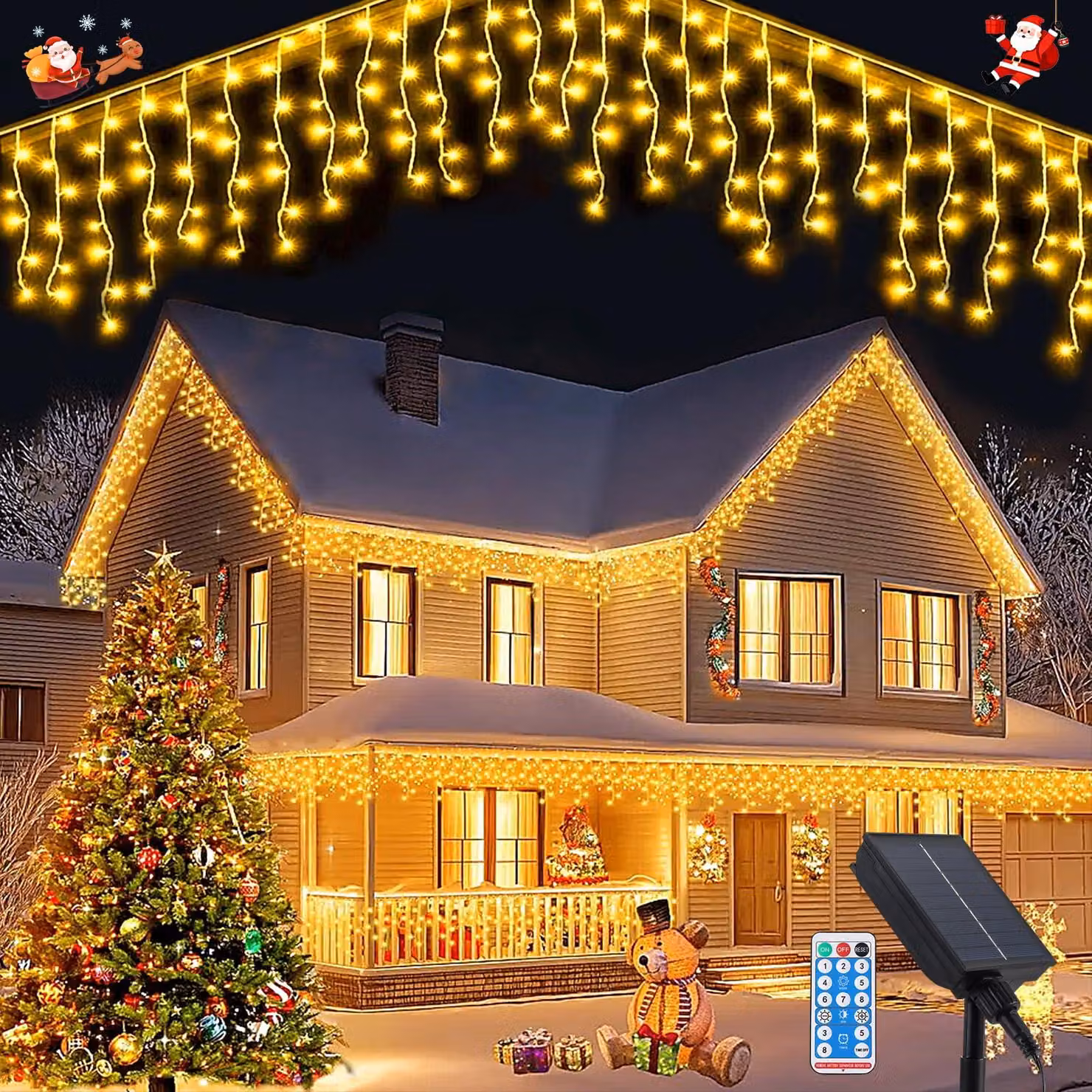 Catena luminosa a LED a forma di ghiacciolo, alimentata a energia solare, 8 metri, 288 LED, grado di protezione IP65, con telecomando