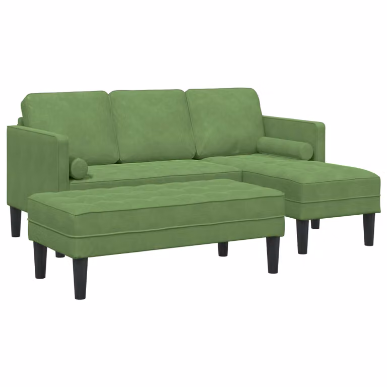 Set di divani angolari vidaXL in velluto verde con pouf coordinato per il tuo soggiorno