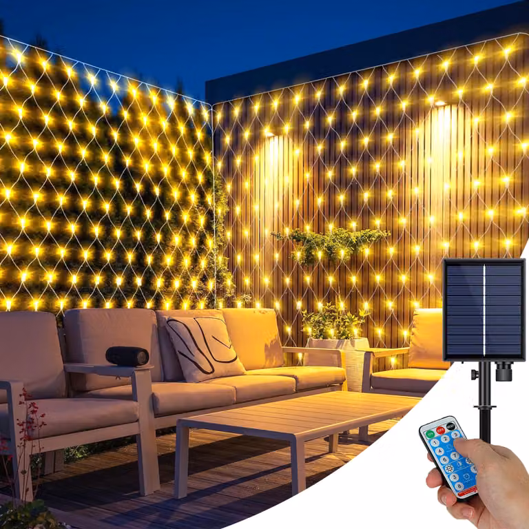 Solar Fairy Lights Outdoor Outdoor Led Light Net, 3x2M impermeabile luce tenda luce per la festa giardino cespugli balcone decorazione, bianco caldo