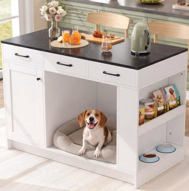 Isola cucina con 3 cassetti, ripiano regolabile e ampia area per animali, 120x60x90 cm, bianco