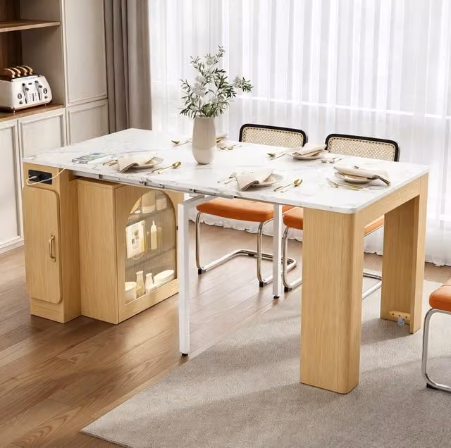 Isola cucina con tavolo da pranzo estensibile, piano rimovibile, carrello mobile con prese USB/Type-C, multifunzione per cucina e sala da pranzo, finitura naturale