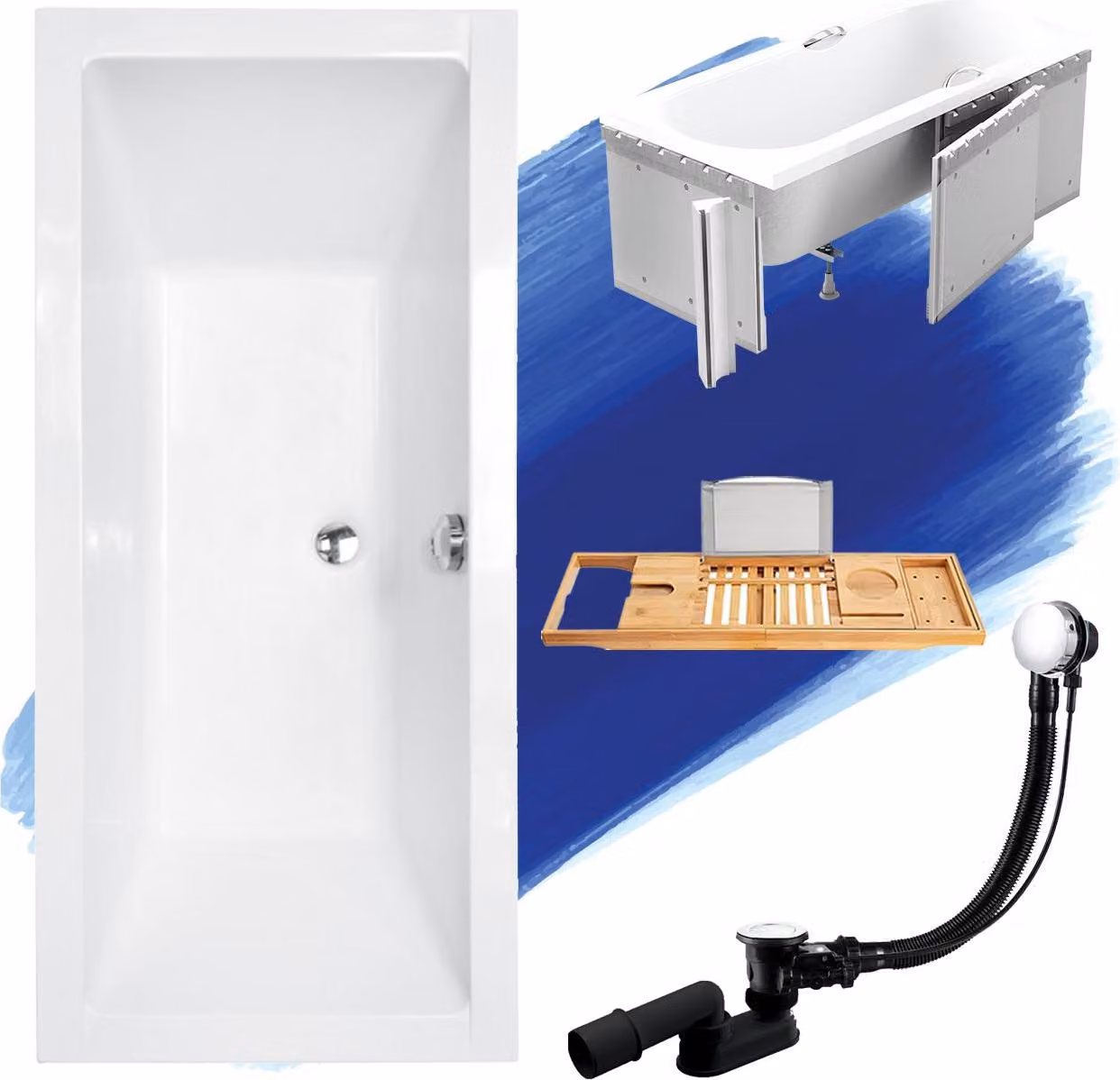 Set da bagno rettangolare 5in1 175x80 con set di scarico premium e piedini GRATUITI + rivestimento (polistirolo) + ripiano in legno di bambù | BADLAND QUADRO
