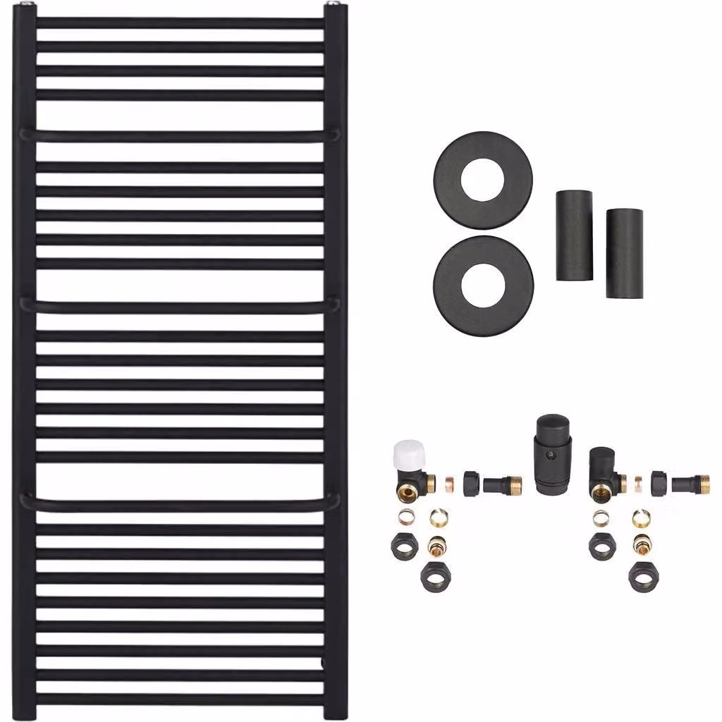 Set radiatore per bagno Antonio - riscaldamento centralizzato - attacco laterale - 655W - nero opaco - 1180x550 mm