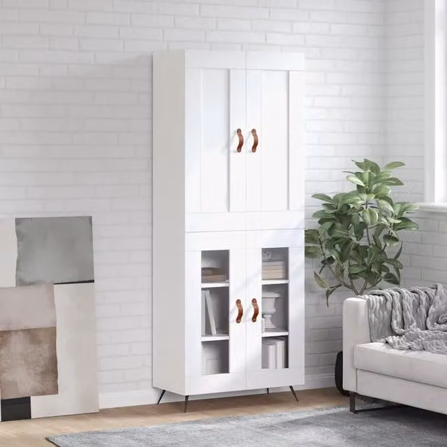 Credenza moderna bianca vidaXL in legno e metallo con vetro L: 69,5 cm, P: 34 cm, H: 180 cm