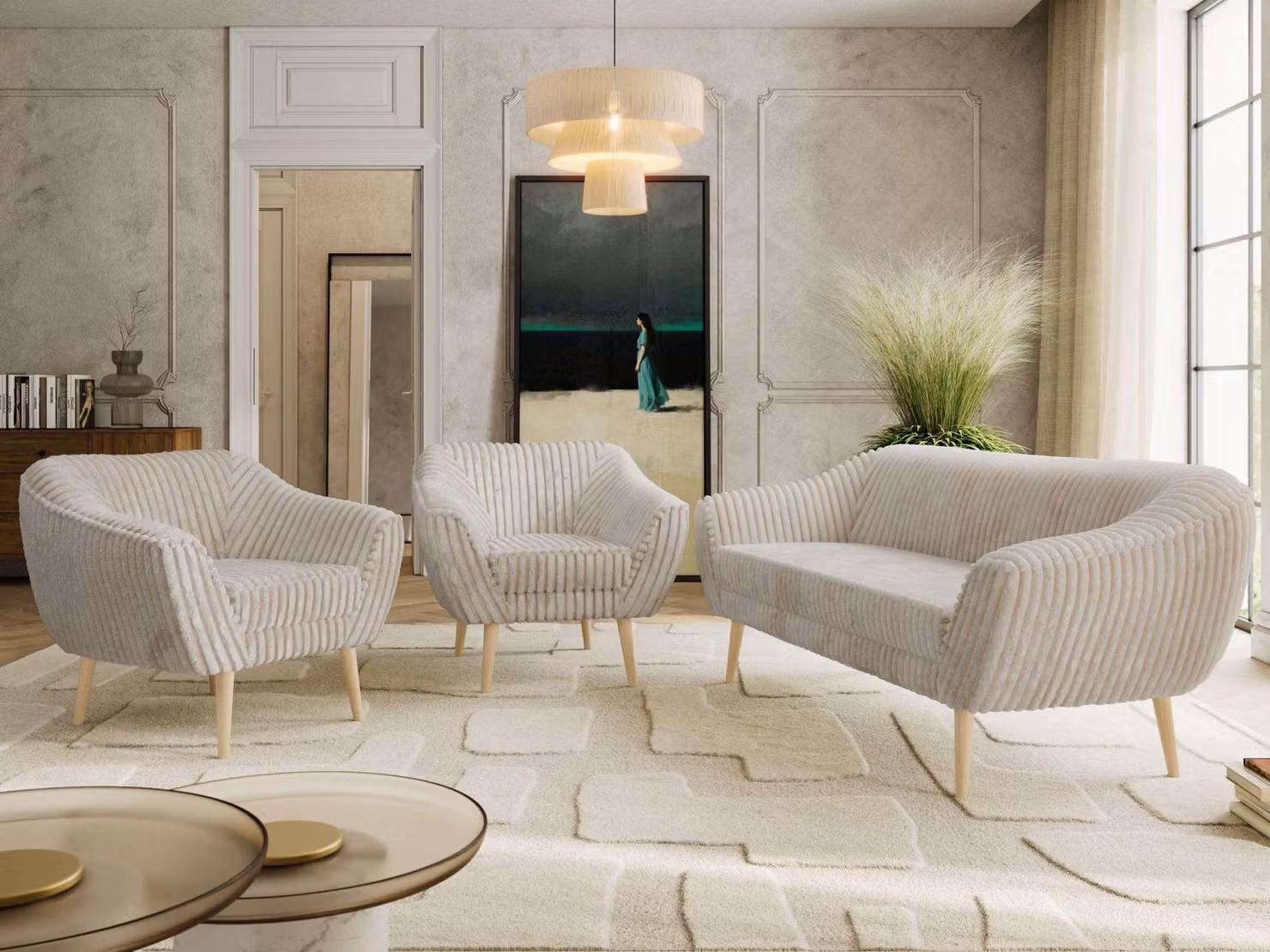 Divano componibile MKS MEBLE, set divani PIRS 1-1-3, divano scandinavo a 3 posti con poltrone, divano con sospensioni a molle, gambe in legno di faggio, design scandinavo - color beige