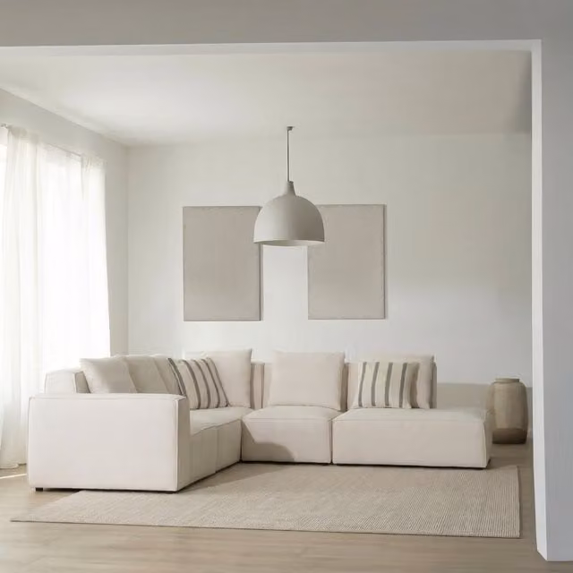 Divano angolare modulare Trevi Banak beige a 5 posti con lato sinistro e design minimalista in tessuto