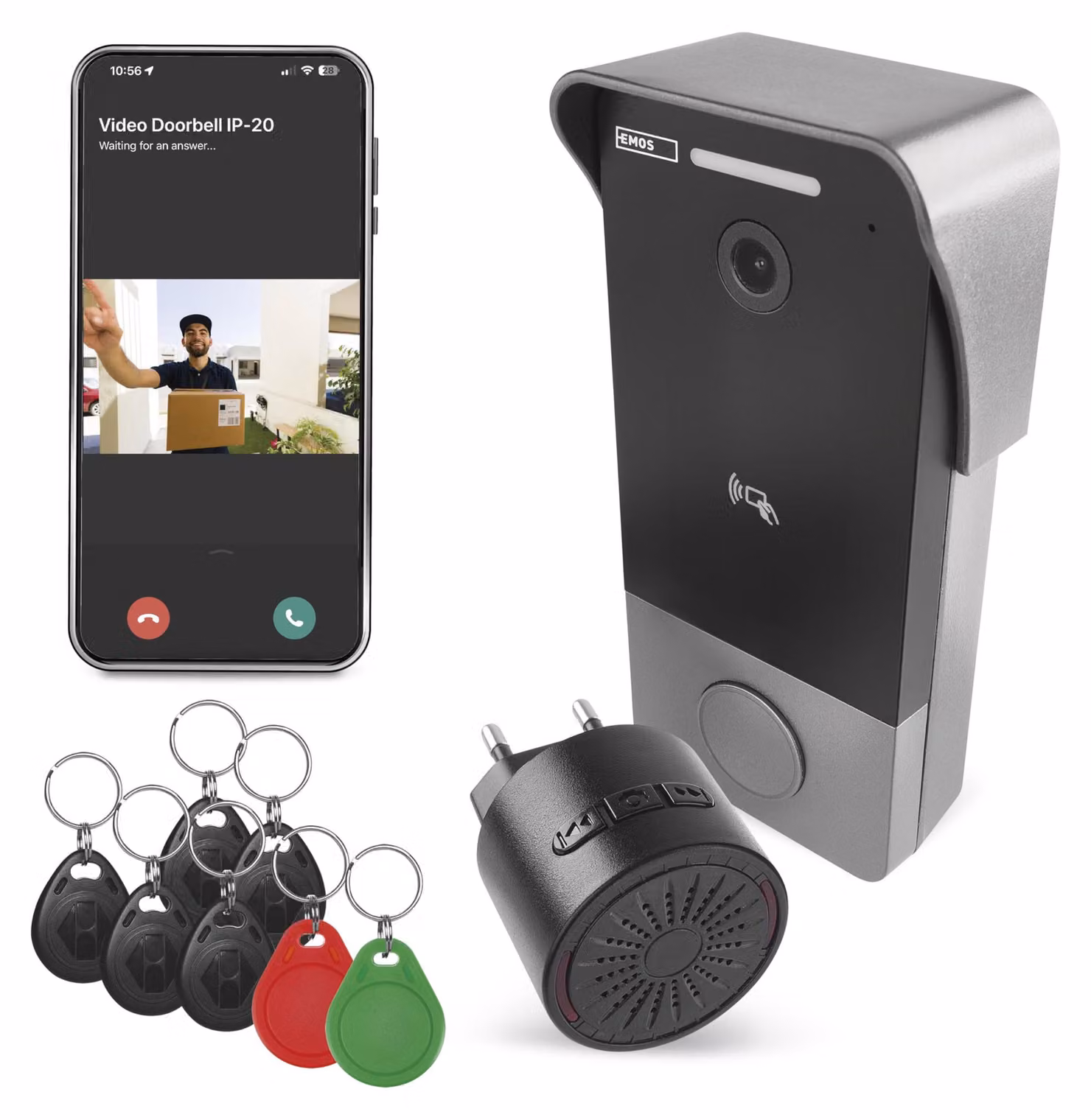 Campanello video EMOS GoSmart con app, connessione Ethernet a 1 filo, impermeabile, telecamera FullHD 2Mp, incl. campanello, alimentatore, chip RFID, H4033