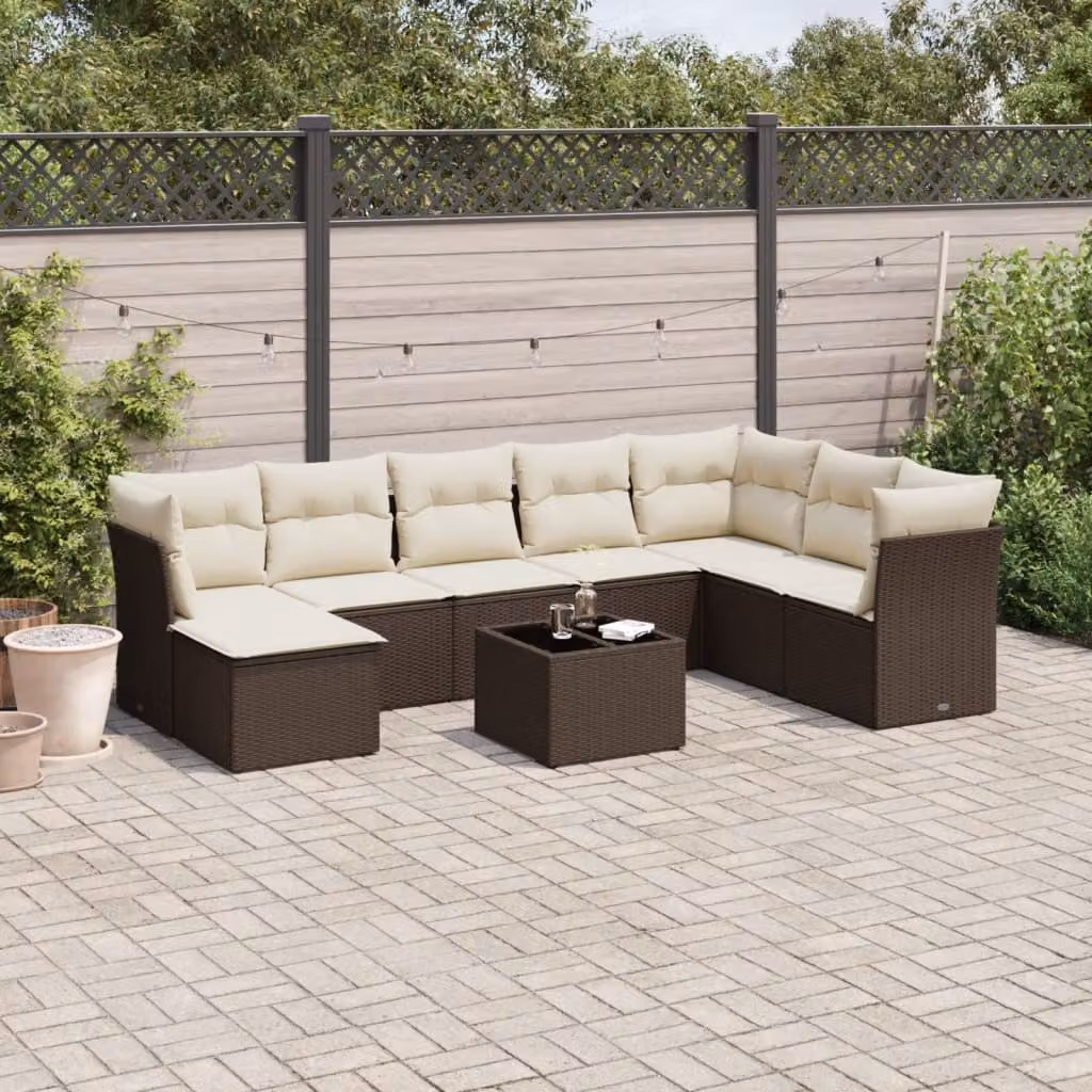 vidaXL Set Divani da Giardino a L con Cuscini Marrone e Bianco in Polyrattan e Metallo – 1