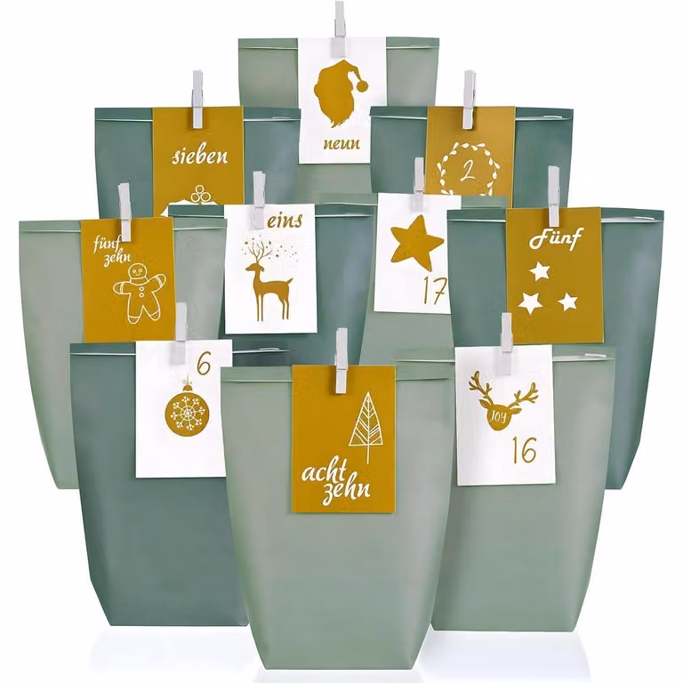 Calendario dell'Avvento, sacchetti regalo, 24 cartoncini numerati, colore verde eucalipto