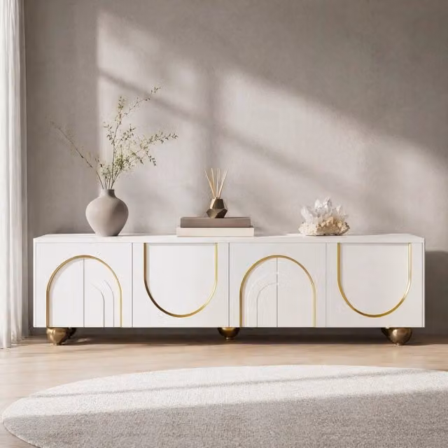 Mobile TV MIVRAY con quattro ante ad apertura push e ripiani interni, finitura lucida bianco e oro, L 170 cm x P 38 cm x H 44 cm