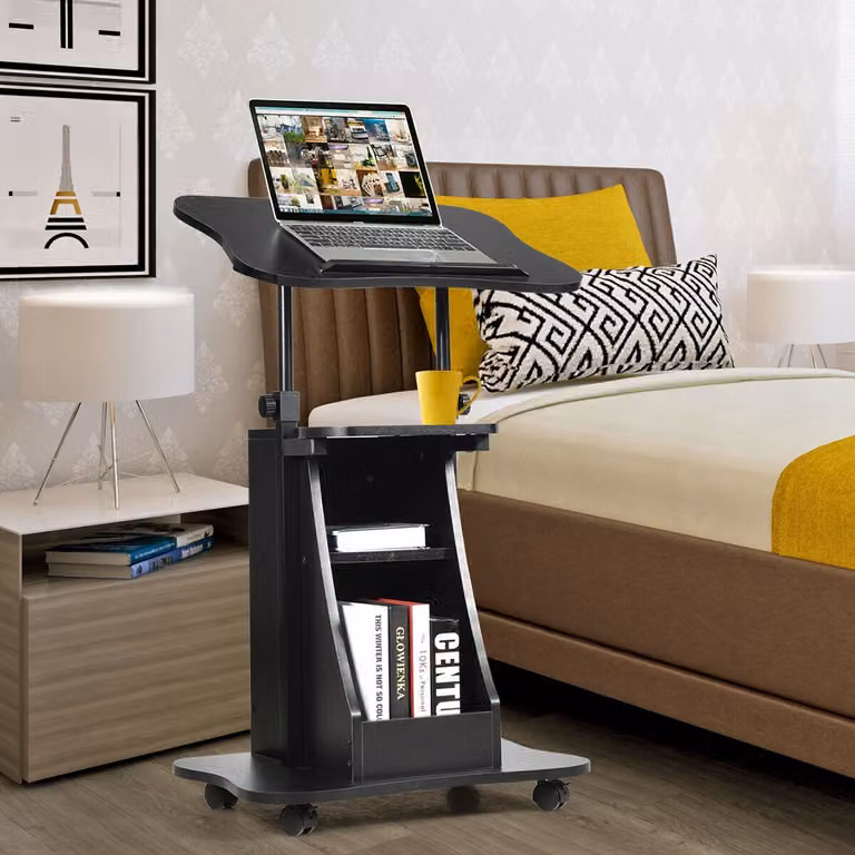 Carrello porta computer Costway regolabile in altezza con superficie girevole e ruote, Nero
