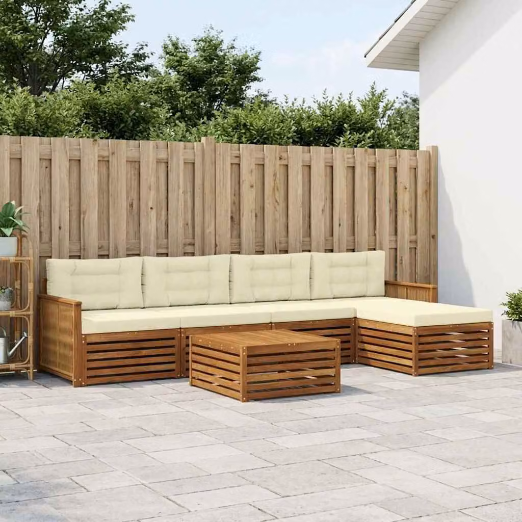 Set di divani da esterno vidaXL a forma di L in legno di acacia con pouf e tavolino, beige e bianco
