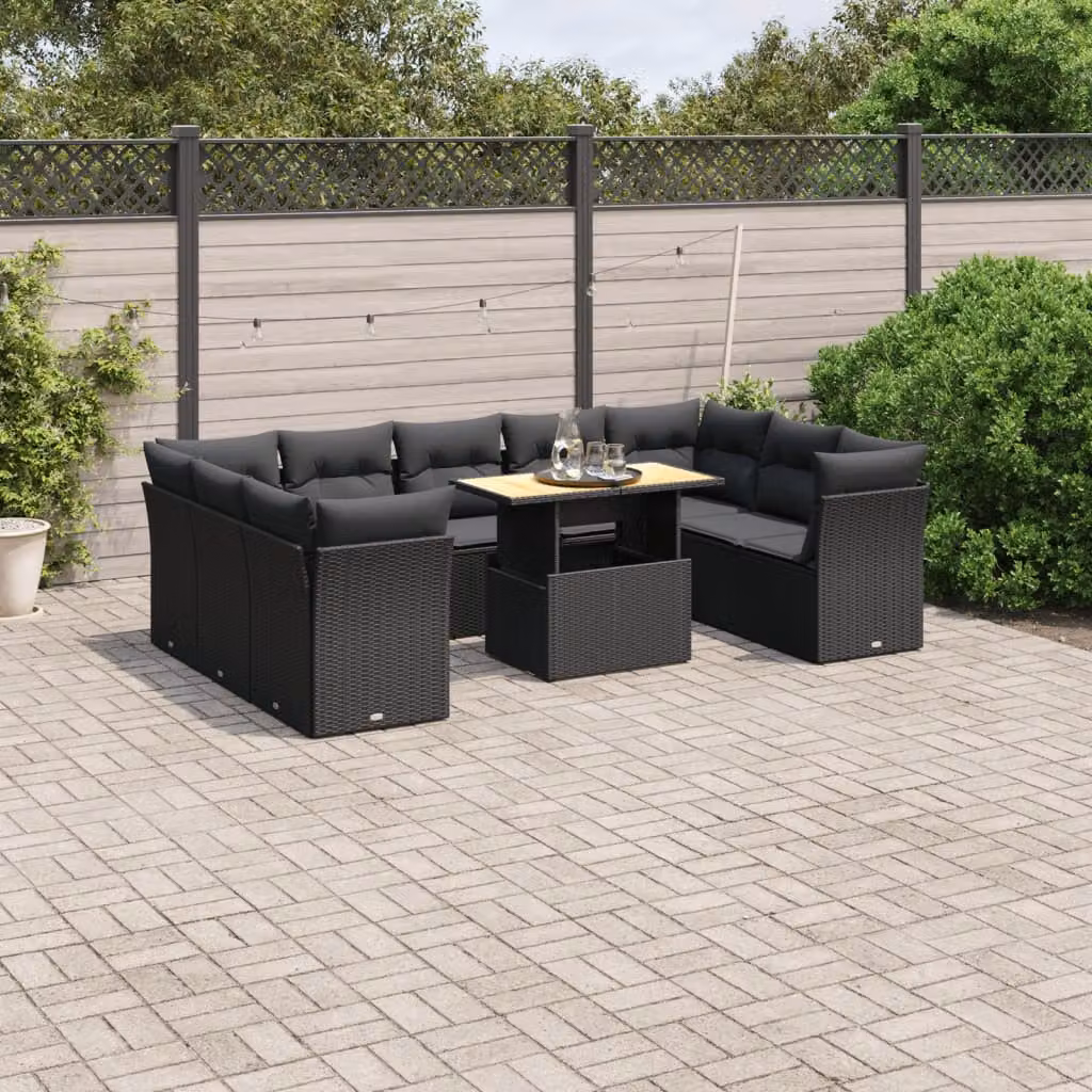 Set di divani da giardino vidaXL in polyrattan nero con cuscini e tavolino da esterno a forma di L – 1