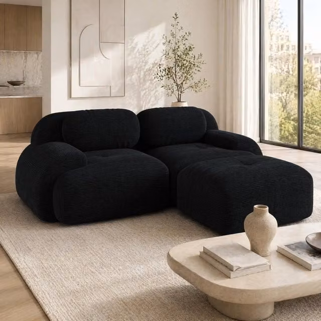 Divano angolare modulare 208x178x70 cm in velluto a coste nero HOMVRA