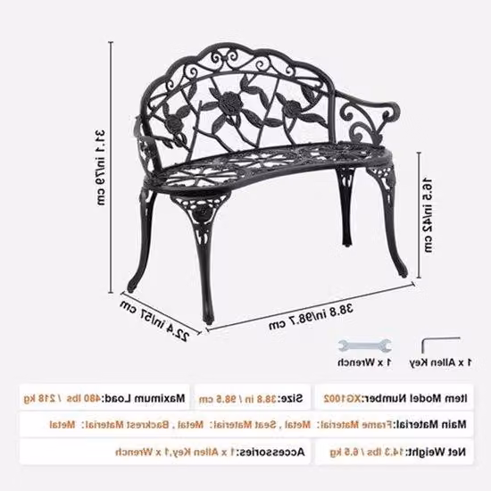 Panca da giardino - Panchine da esterno - Panchine per il giardino - Panca per terrazza - Panca da giardino resistente alle intemperie - Realizzata in legno e metallo - Con poggiatesta - Con braccioli - 40 pollici - Adatta per giardino, terrazza, parco -