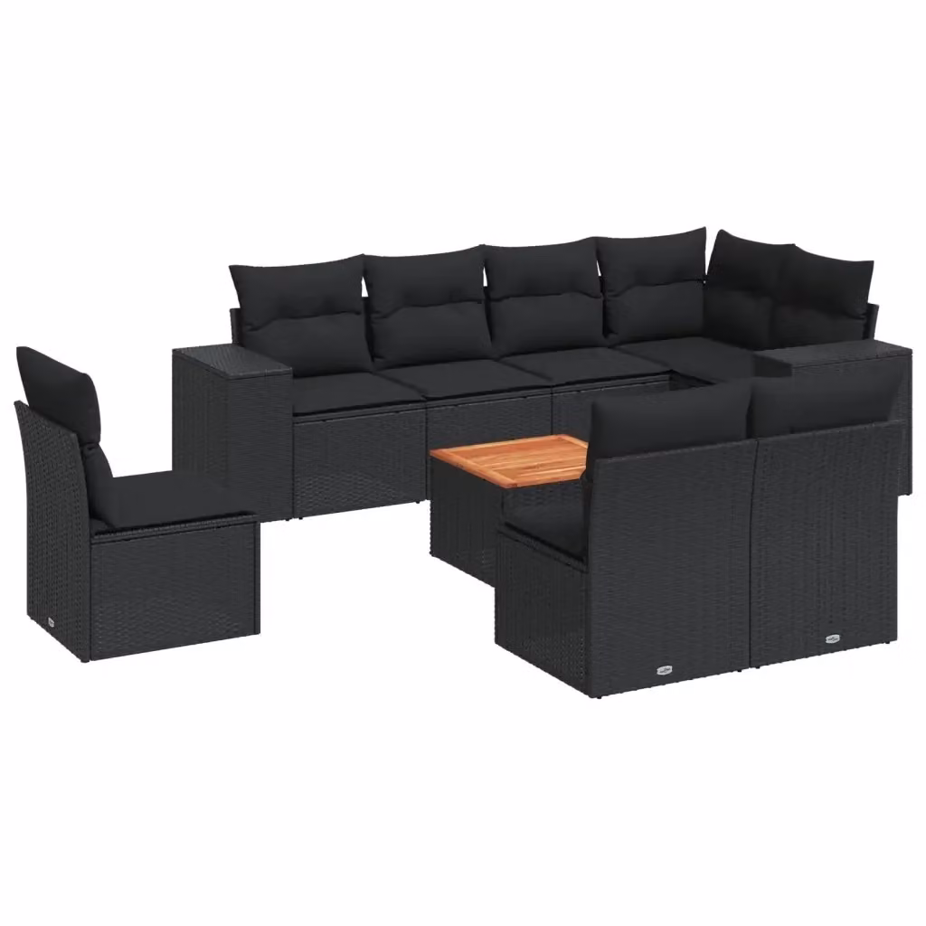 Set di divani da giardino vidaXL in polyrattan nero con cuscini, forma a U e tavolino da esterno – 2