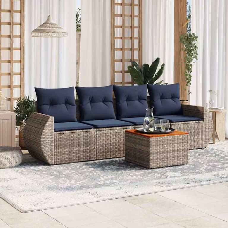 Set da giardino vidaXL in polyrattan grigio con cuscini, un divano a 3 posti, un divano a 2 posti e un tavolino da caffè per esterno