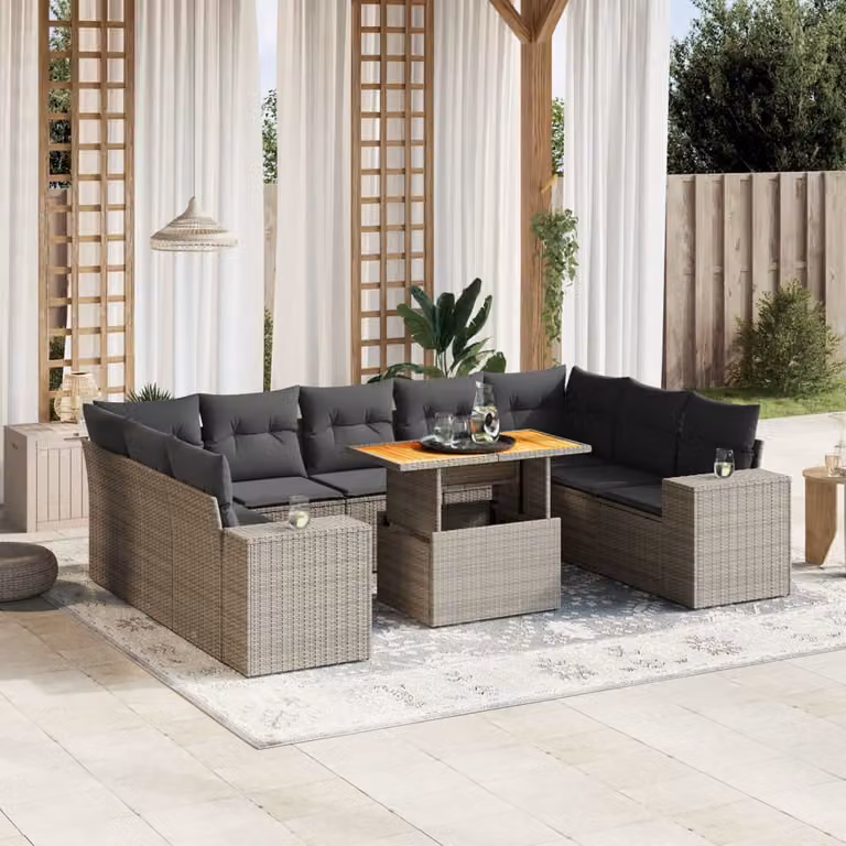 vidaXL Set Divano da Giardino 10 pz a Forma di L in Polyrattan Grigio con Cuscini e Tavolino