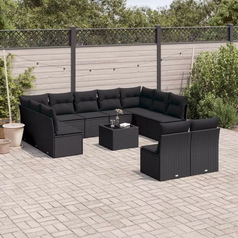 Set di divani da giardino vidaXL 12 pezzi in polyrattan nero con cuscini e tavolino da esterno