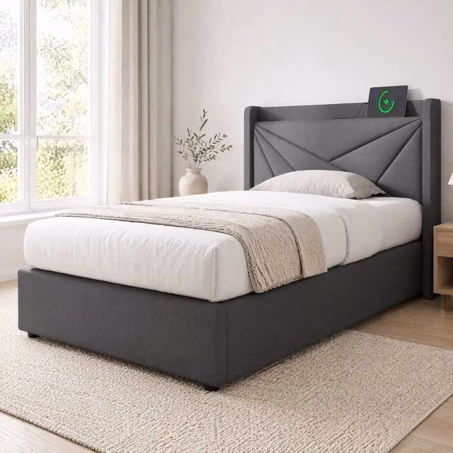 Letto singolo 90 × 200 cm con vano contenitore testiera imbottita USB e tipo C grigio rete a doghe in legno