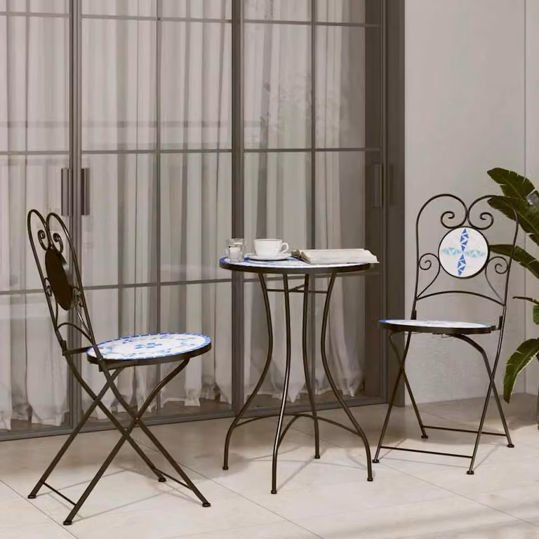 vidaXL Set da Bistrot in Ferro e Ceramica con Mosaico Geometrico Blu e Bianco per Giardino e Balcone