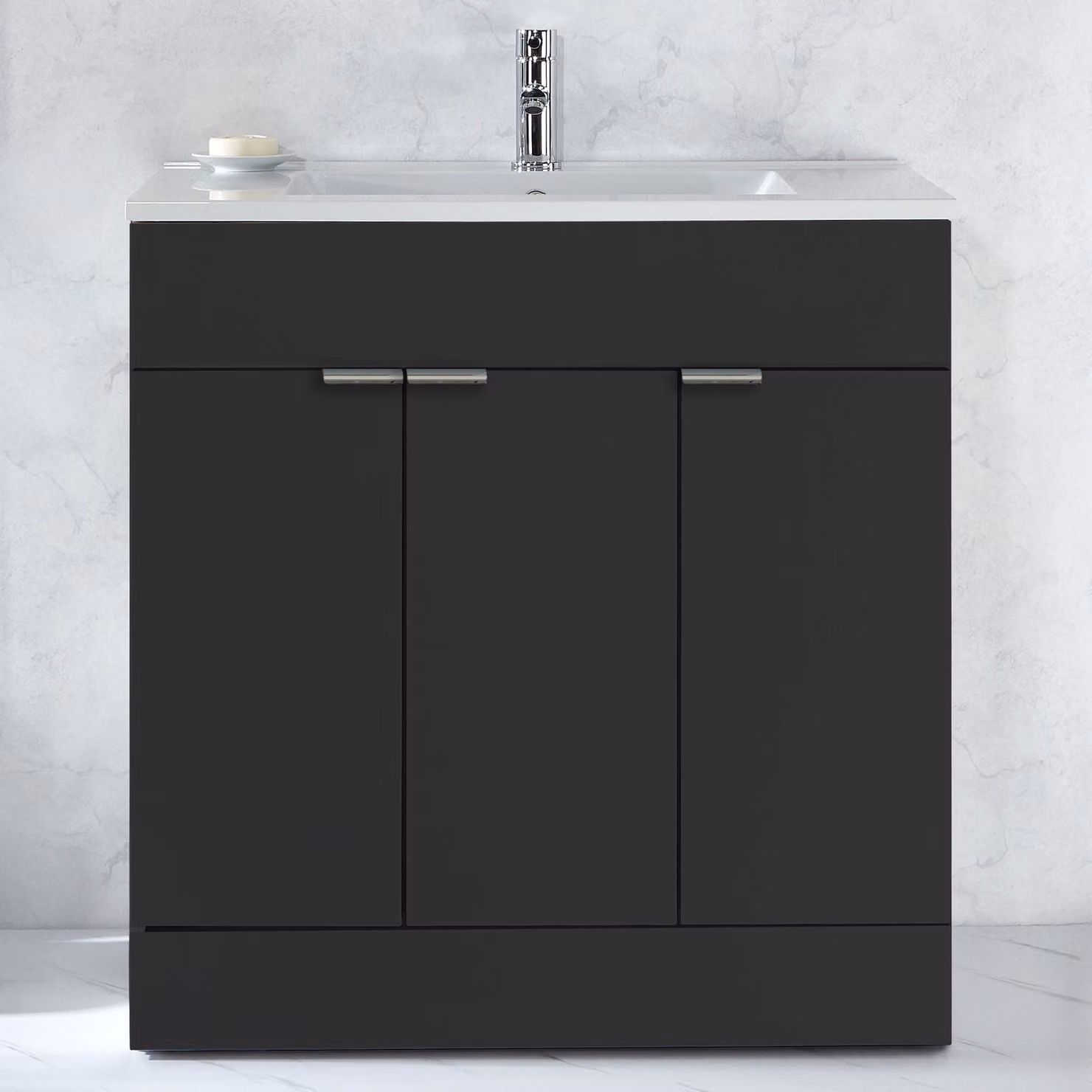 Mobile Bagno a Terra Grigio Nero da 810mm con Lavabo e Maniglie con Impugnatura a Dito Cromate - Cluo