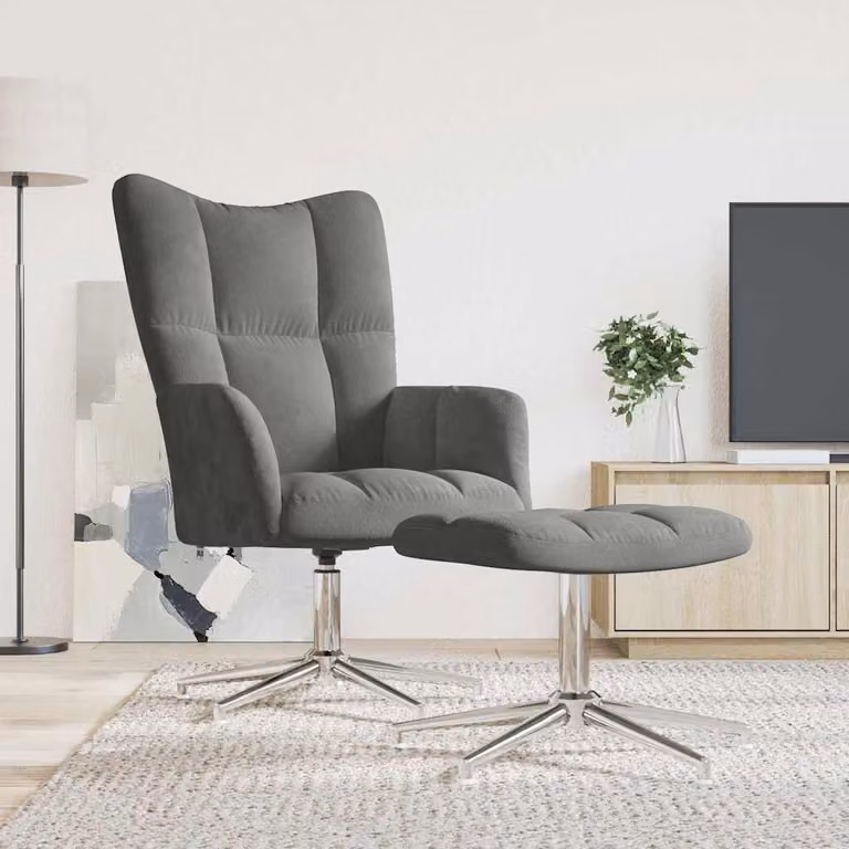 vidaXL Sedia Relax con Poggiapiedi Integrato in Velluto Grigio con Struttura in Metallo e Base Girevole 360 Gradi