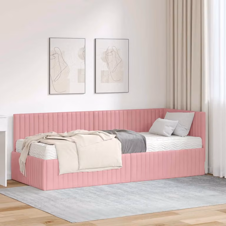 vidaXL Letto Angolare con 2 Materassi in Velluto Rosa, L/P/H: 80 x 200 x 72 cm