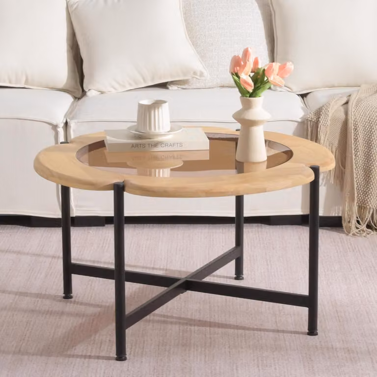Tavolino da caffè rotondo in legno e vetro, diametro 80 cm, altezza 45 cm, finitura in legno