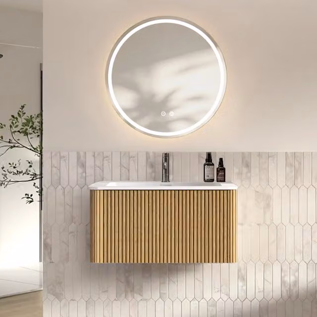 Set mobile bagno rovere sospeso 80 cm con cassetto scanalato; lavabo integrato e specchio led rotondo