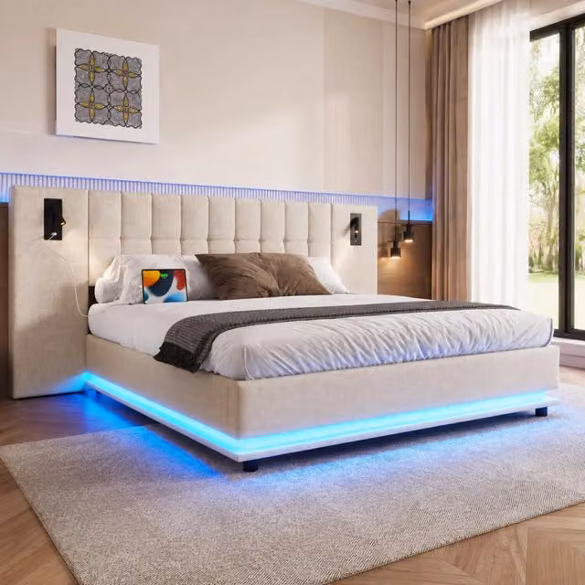 Letto imbottito 180x200 cm con LED; testiera con spot e USB; in lino beige