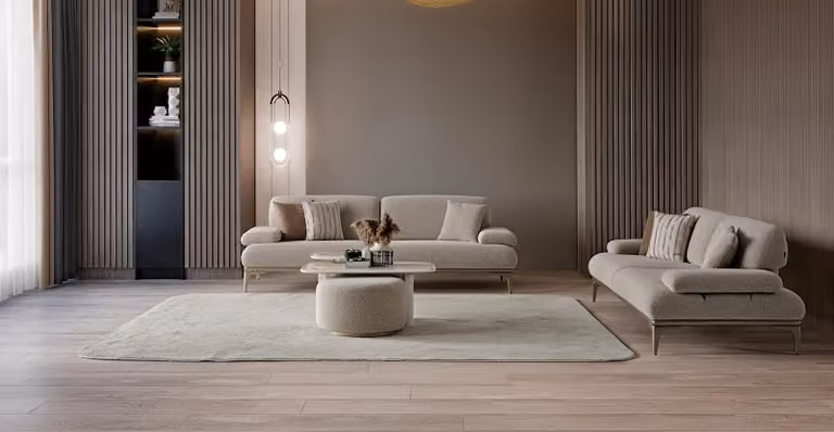 Divano a 3 posti, tavolino, poggiapiedi, stile moderno, colore beige, elegante, lussuoso, set completo