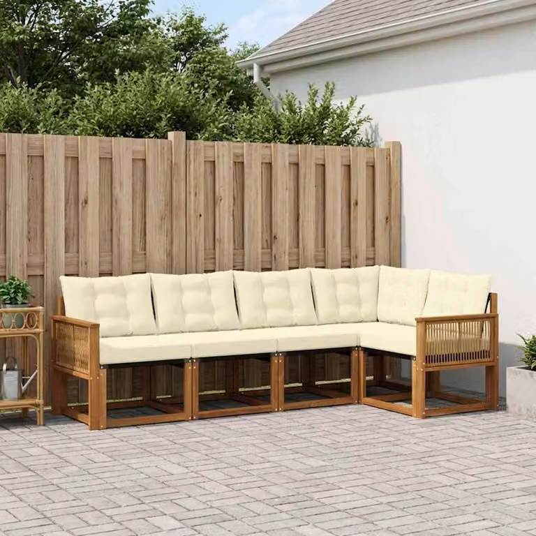 Set di divani da esterno vidaXL a forma di L composto da 5 pezzi in legno di acacia con rivestimento in textilene, colore beige e marrone
