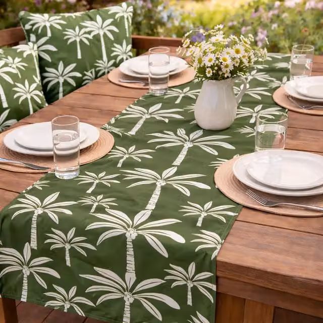 Runner da esterno KASANOVA con motivo floreale di palme, verde e bianco, L: 130 cm, P: 40 cm