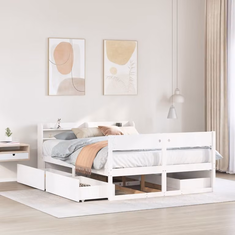 Letto in legno di pino massello bianco con cassetti stile rustico L/P/H: 200 x 160 x 82 cm