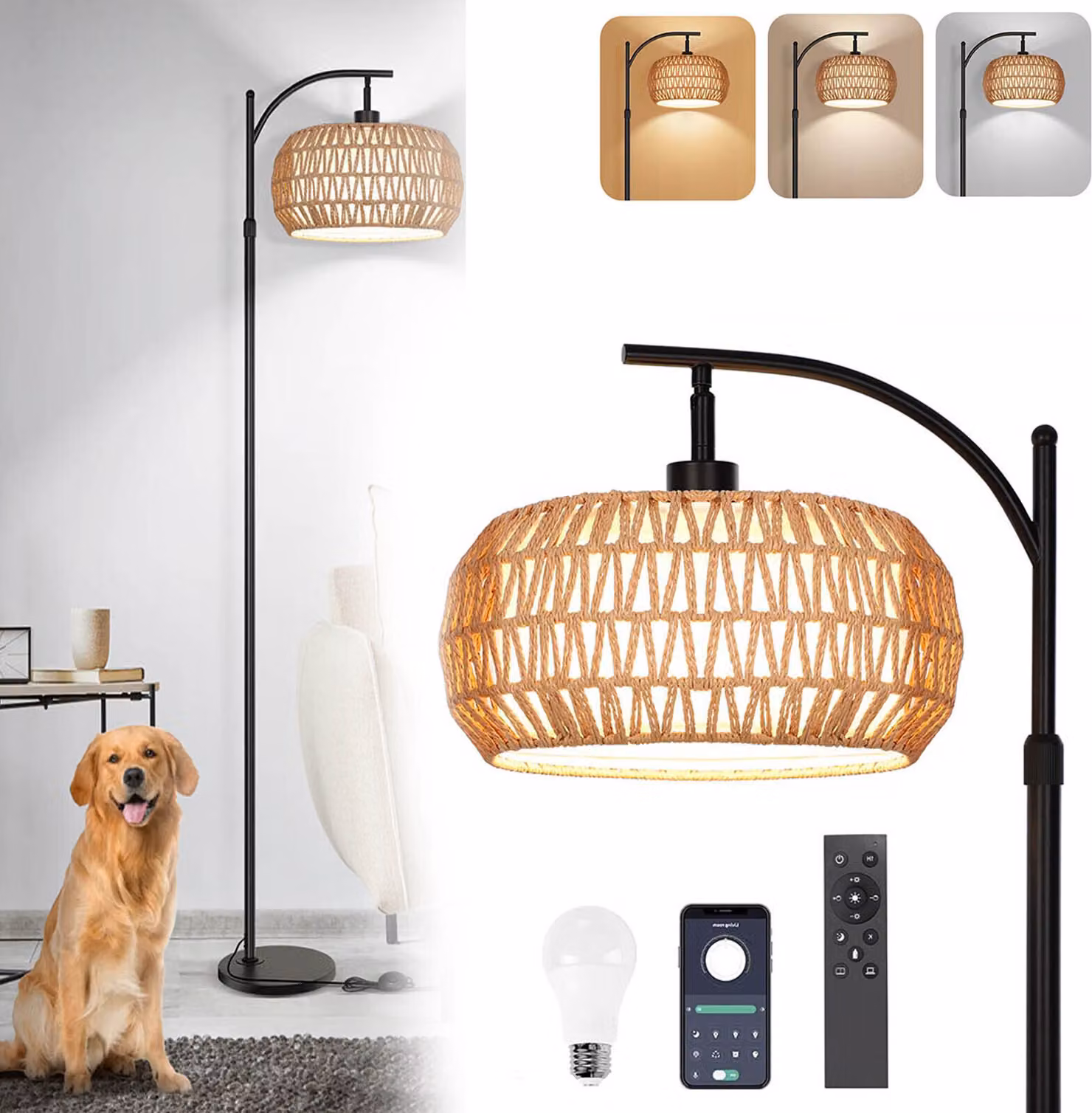 Lampada da terra in rattan Boho dimmerabile con lampadina a incandescenza E26 da 12 W, lampada da terra a 3 colori, app, telecomando e interruttore a pedale, lampada da lettura con doppio paralume