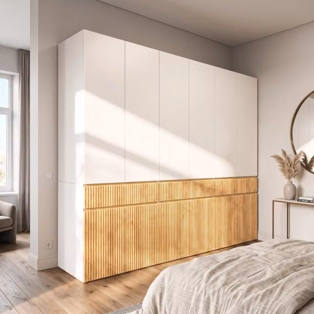 Desviae Armadio 12 ante con 3 aste appendiabiti e 3 cassetti in MDF rovere chiaro e grigio per camera 270 × 50 × 200 cm